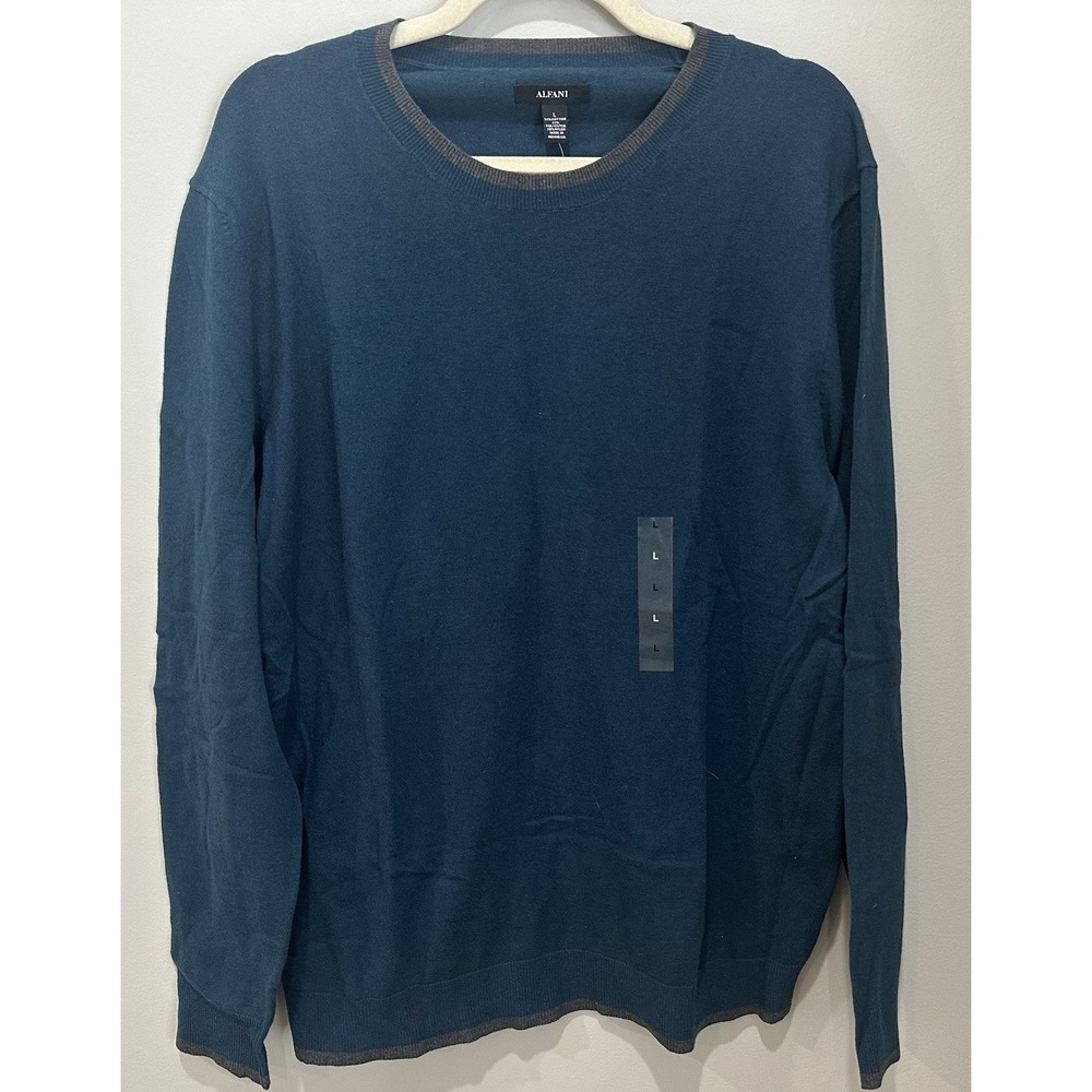Alfani Men's L Blue Teal Crewneck Sweater Cotton Blend Gray Trim NWT